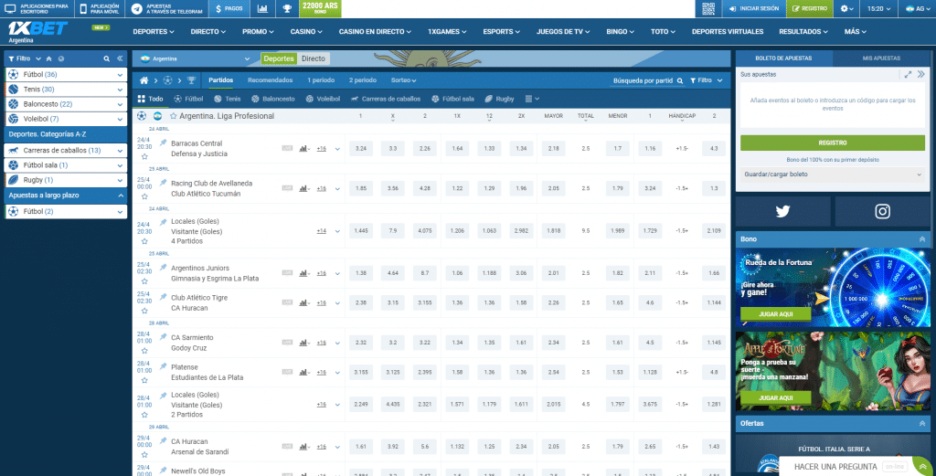 Interface principal da 1xbet